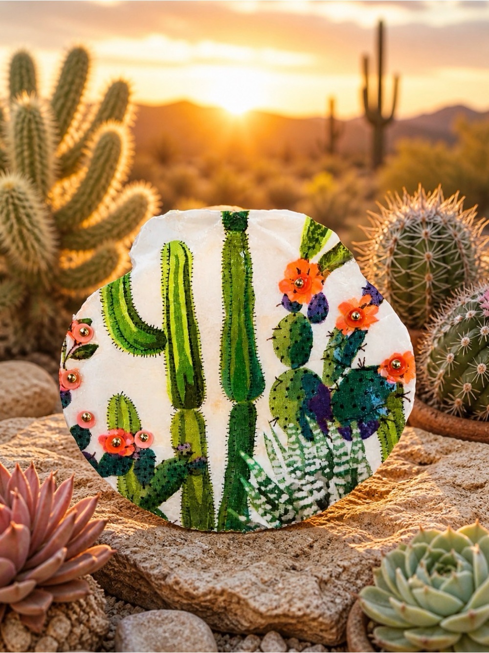 Hand-Painted Cactus Art Plaque - Green and Orange Desert Wall Accent